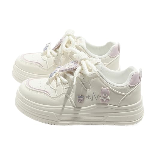 Kawaii Minty Mambo Cute Bear Decor Chunky Platform Sneakers - Y2K Style Low-Top Casual Shoes for Girls, Thick Invisible Height Increase Sole in Green, Purple & Red, Unique Personalized Fashion