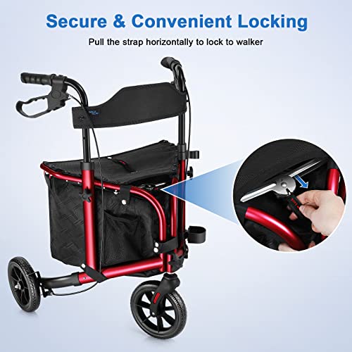 Walk Mate 3 Wheel Rollator Walker With Seat For Slim Seniors, Padded Backrest Lightweight Foldable Walker Ideal For Elderly, 8 Inch Tri-Wheel Modern Mobility Walking Aid Aluminum, Red #TOP5