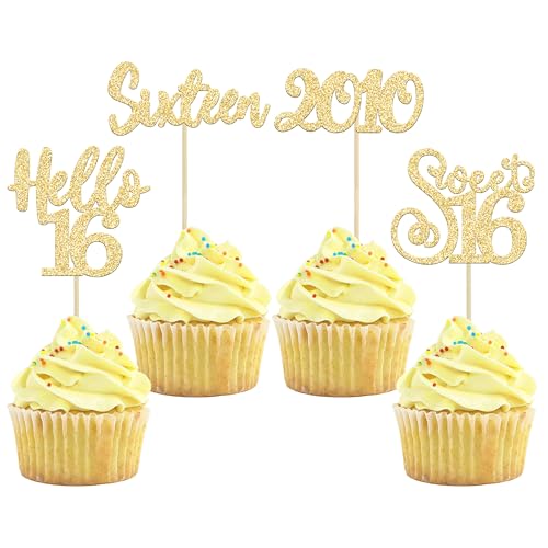 Gyufise 24Pcs 16th Birthday Cupcake Toppers Gold Glitter Hello 16 Sweet 16 Cupcake Picks 2010 16th Birthday Cake Decorations for Anniversary Party Supplies