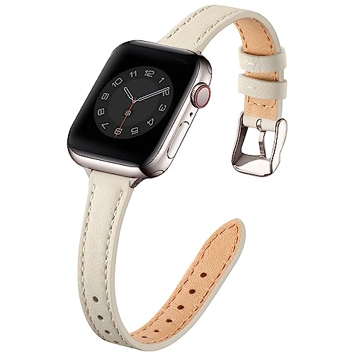 Image of STIROLL Slim Leather Bands Compatible with Apple Watch Band 38mm 40mm 41mm 42mm 44mm 45mm 49mm, Top Grain Leather Watch Thin Wristband for iWatch Ultra SE Series 9 /8 /7 /6 /5 /4 /3 /2 /1 (Beige with