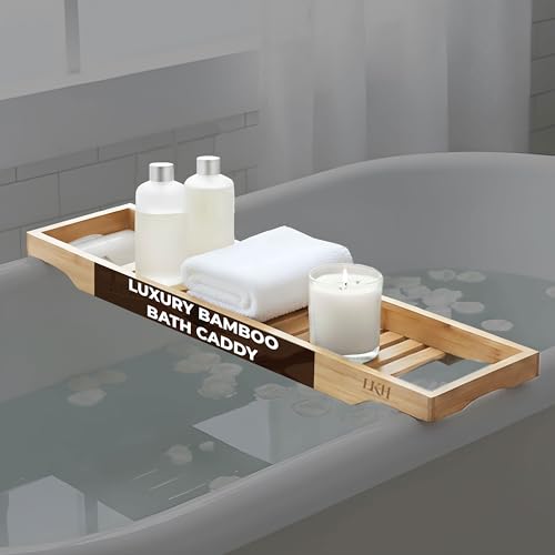 LKH Bamboo Wooden Bath Caddy Tray - Strong & Durable, Prevents Spills, & Water-Resistant Bathtub Tray for Across the Bath | Luxury Bath Shelf for Relaxation, Reading & Drinking - Gift Idea