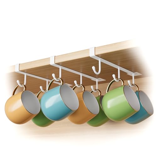 ECROCY Mug Hooks for Cabinet, Clip-On Shelf and Only Fits Flat Cabinet Without Any Lip, 3pcs Mug Holder No Drilling Free Damage