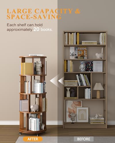Image of IUNVR 4 Tier Rotating Bookshelf Tower Spinning Bookshelf with Swivel Wheels Book Shelf Rotating Storage Tower for Kids Adult Narrow Solid Wood Revolving Bookcase Organizer for Bedroom Living Room
