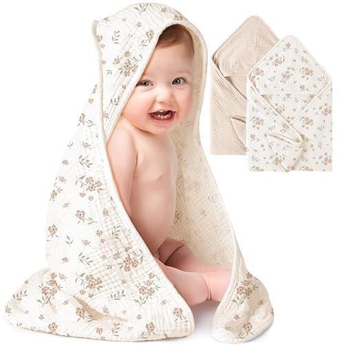 Image of Konssy 2-Pack Muslin Hooded Baby Towels, 100% Cotton, Ultra-Soft & Absorbent Baby Bath Towels with Hood for Newborn & Infant (Cream, Blossom,32" x 32")