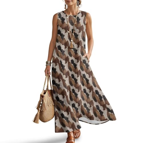 Oamsistay Brown Cow Stripe Womens Sleeveless Linen Maxi Dress Casual Long Dresses with Sides Pockets and Zipper Shift Dress for Women Breathable Summer Teacher Outfits for Women