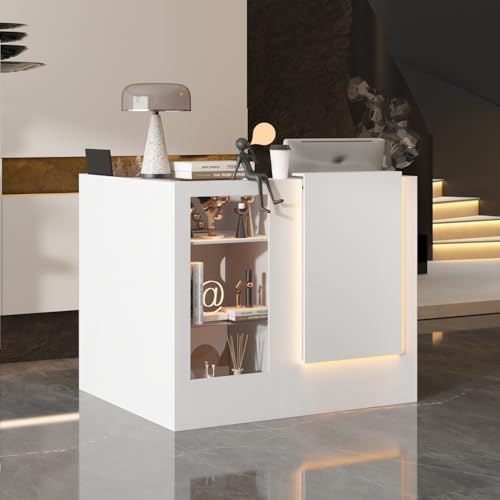 ROMSHINE Reception Desk with Counter, L-Shape Front Desk with LED Light & Glass Shelves, Reception Room Table with Cable Grommet, Retail Counter Salon Reception for Checkout, White
