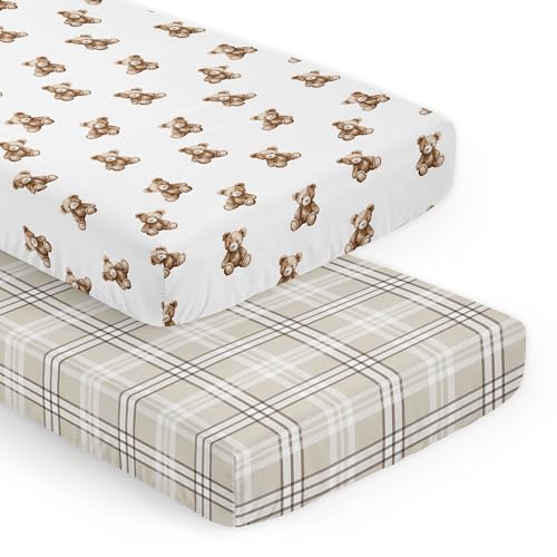 Image of Sweet Jojo Designs 2-Piece Baby Crib Sheets Set (Boho Teddy Bear) for Boys or Girls, Infant Nursery, Toddler Room - Fitted, Standard Size (Taupe Plaid & Brown Watercolor, Classic, Wholesome Aesthetic)