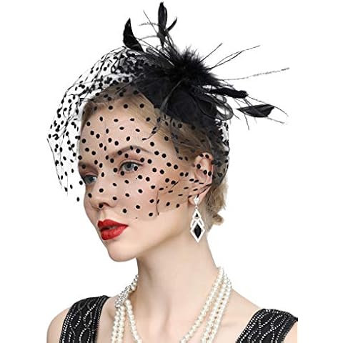 Cizoe Fascinator Hair Clip Pillbox Hat Bowler Feather Flower Veil Wedding Party Hat Tea Hat(2-Black) Cover