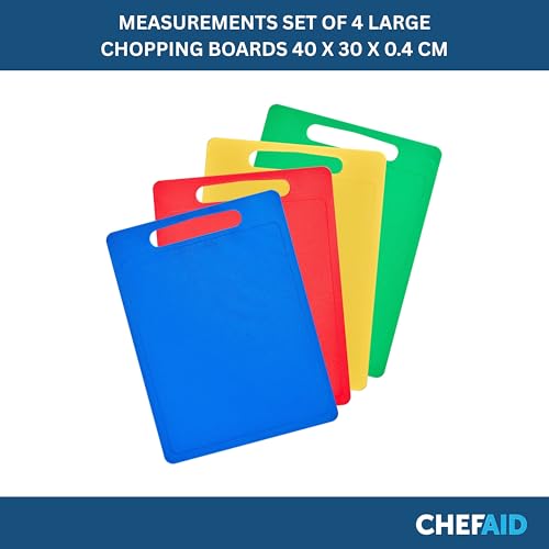 Chef Aid Large Multi-Colour Chopping Board Set, Multipurpose Anti-Slip Surface, Easy to Clean and Dishwasher Safe with Handle, Pack of 4 Cutting Boards Each Measuring 40 x 30cm