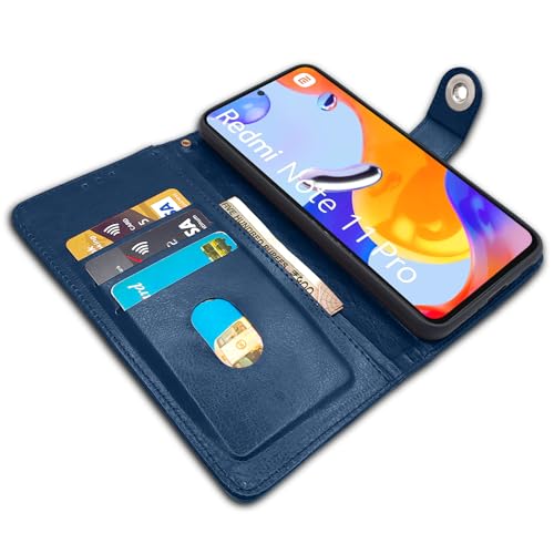 Image of Pikkme Redmi Note 11 Pro /Note 11 Pro Plus 5G Flip Cover Leather Finish | Inside TPU with Card Pockets | Wallet Stand and Shock Proof | Complete Protection Button Flip Case (Blue)
