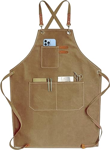 Carrotez Cotton Cross Back Adjustable Apron, Barber Apron with Pockets, Canvas, M-XXL, Cappuccino