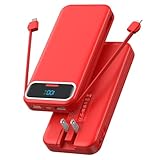 Portable Charger, 12000mAh 22.5W Fast Charging Power Bank with Built-in Cables & Wall Plug, USB C External Battery Pack with LED Display, Travel Essential Charging Bank for iPhone, iPad, Samsung Red