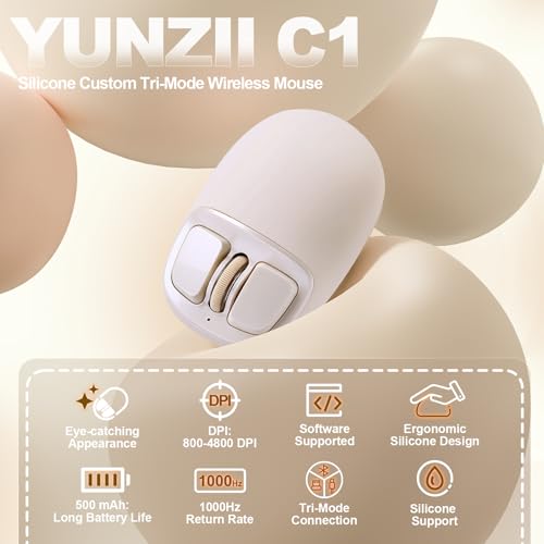 Image of YUNZll C1 Silicone Wireless Mouse, Tri-Mode 2.4G /USB-C /Bluetooth Mouse, 4800 DPl Optical Tracking, 6 Adjustment Levels,Customize Mice for Laptop, Computer, iPad, MacBook (Beige)