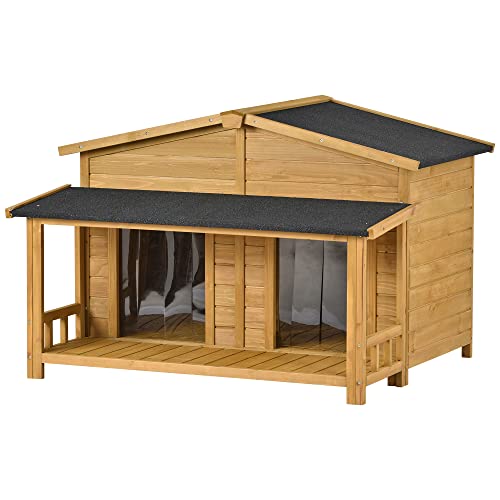 YOTPO 47.2\" Wooden Indoor & Outdoor Medium Dog House with Porch Door and Removable Curtain,Pet Kennel with Weatherproof Solid Wood,for Yard,Garden,Living Room,Villa,Wood