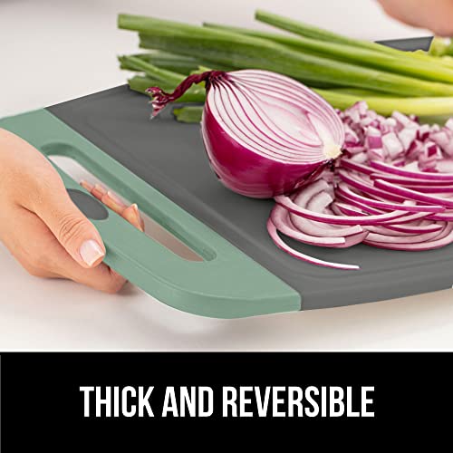 GORILLA GRIP BPA-Free Reversible Kitchen Cutting Board Set of 3, US Designed, Nonporous, Juice Grooves Catch Liquid, Slip Resistant Border, Dishwasher Safe, Durable Food Chopping Boards, Mint Gray