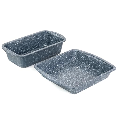 Russell Hobbs COMBO-5441 Nightfall Stone 2-Piece Bakeware Set - Non-Stick Loaf Tin and Square Baking Pan with Handles, Durable Carbon Steel Ovenware, Easy Clean, Ideal for Cakes, Brownies, and Bread