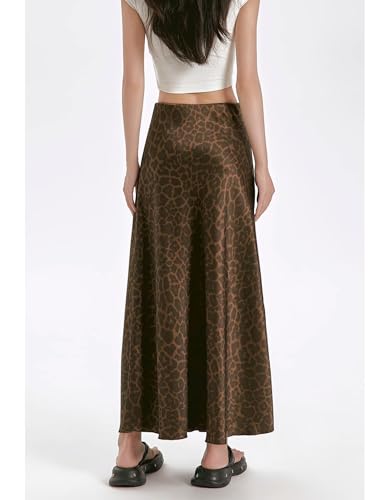 Women's Leopard Print Skirt Satin Midi Long Length High Waisted A Line Casual Drape Y2k Fashion Skirts3