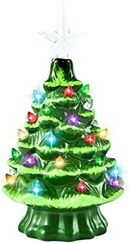 GIVERARE Ceramic Christmas Tree with 6H Timer, 8” Pre-Lit Hand-Painted Tabletop Xmas Decor with 32 Multicolored Lights&Top Star, Retro Centerpiece for Holiday, Party Supplies, Decoration, Ornaments