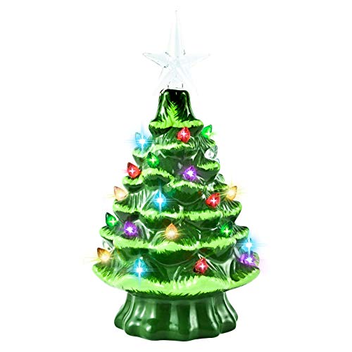 GIVERARE Keramik-Weihnachtsbaum mit Timer, 20.3 cm, vorbeleuchtet, handbemalte Tischplatte, Weihnachtsdekoration mit 32 bunten Lichtern und Top-Stern, Dekoration, Ornamente - Grün Cover