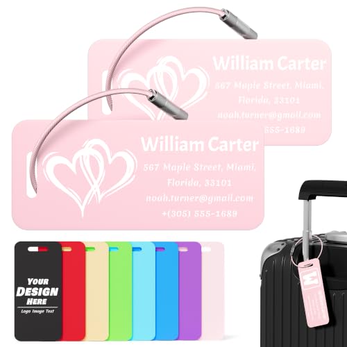 4 PCS Personalized Luggage Tags for Suitcases, Custom Engraved Metal Luggage Tags for Backpacks, Waterproof Heavy Duty Custom Travel ID Tags for Travelers (Pink, Small)