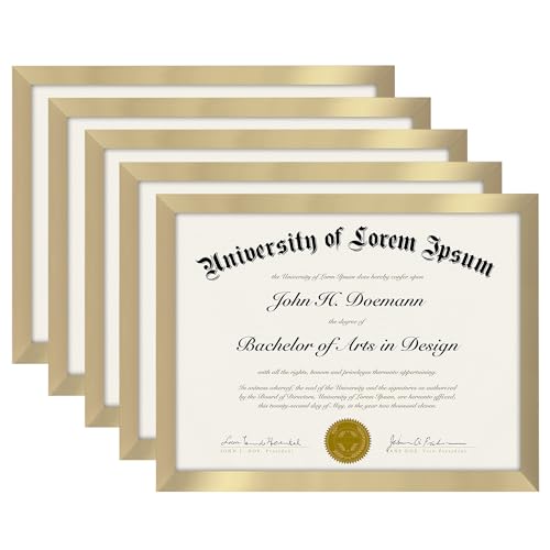 Americanflat 8.5x11 Diploma Frame with Polished Plexiglass - Set of 5 - Legacy Collection - Certificate Frame for Tabletop and Wall Display - Gold