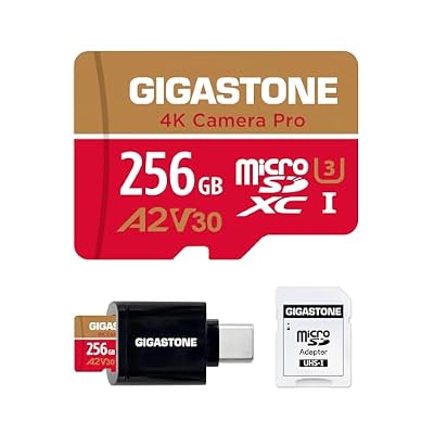 [5-Years Data Recovery] Gigastone 256GB Micro SD Card, 4K Camera Pro, A2 V30 UHS-I U3, Up to 100MB/s, for Smartphone, GoPro, Action Cam, 4K UHD Video, Nintendo Switch, with Adapter & USB-C Reader