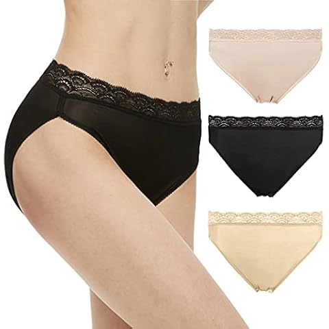 Viamulion Women’s 100% Pure Mulberry Silk Knitting Panties for Women lady Underwear Briefs, Lace(3 Pack), Large Cover