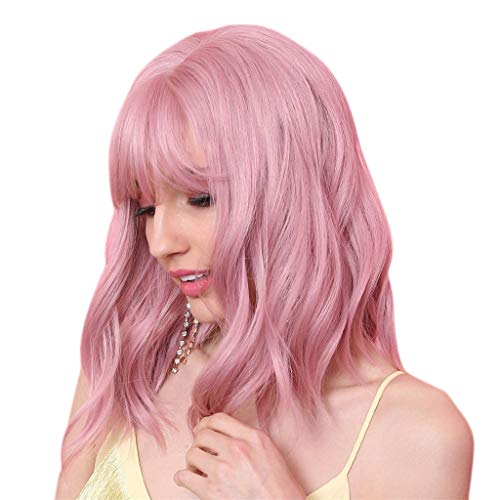 LOVIVER 12in Mulheres Ombro Comprimento Natural Encaracolado Ondulado Perucas Rosa Cosplay Anime Per