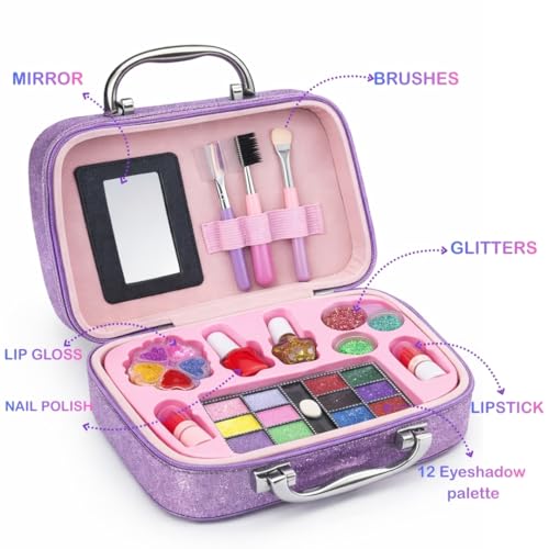 Image of PLUSPOINT Kids Makeup Kit Bag for Girl, Washable Makeup Set for Girls, Real Makeup for Kids, Girl Toys Princess Children Play Makeup Kit with Cosmetic Case Birthday Gifts for Girls Age 4 Year+
