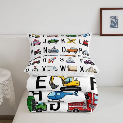 Image of Feelyou Excavator Kids Comforter Fire Truck Police Car Boys Comforter Set Helicopter Motorcycle Ambulance Toddler Bedding Set Alphabet Vehicle Cars Quilt Set Decor with 1 Pillowcase 2Pcs Bedding Twin