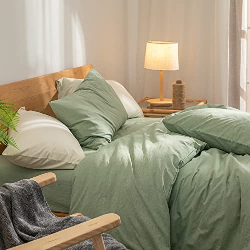 Green Duvet Cover Queen, 100% Washed Cotton Linen Like Textured Solid Color Casual Modern Style Green Bedding Set, With Zipper Closure, Luxury Soft Relaxed Feel Natural Wrinkled Comfy (3Pcs, Queen) #TOP6