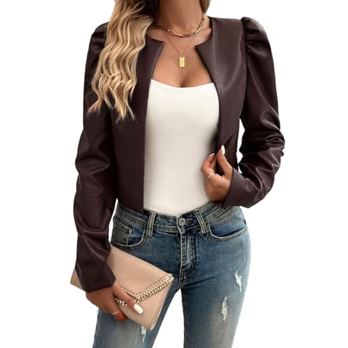 LIEROLYE Kurze Jacke Aus Pu-leder für Damen, Bolero-blazer mit Puffärmeln, Cardigan mit Offener Vorderseite, Trendige Oberbekleidung(Brown,L) LIEROLYE Kurze Jacke Aus Pu-leder für Damen, Bolero-blazer mit Puffärmeln, Cardigan mit Offener Vorderseite, Trendige Oberbekleidung(Brown,L)