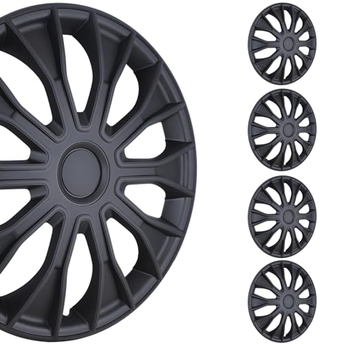 Hawkley 14 inch Auto Hubcap Set, R14 Wheel Cover Replacement, 14" Snap On Hub Cap Kit, Universal Rim Replacement Fits for Toyota Chevy Chevrolet Honda Mazda Dodge Ford (Set of 4, Matte Black)