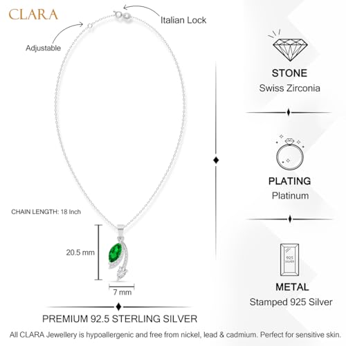 Image of Clara 925 Sterling Silver Green Pendant Necklace with Chain for Women & Girls | Platinum Plated |Minimal Daily Wear | Gift for her