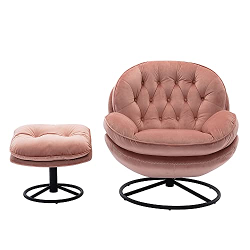 Velvet Accent Chair With Ottoman, Comfy Armchair With Footrest, Modern Tv Chair Living Room Chair For Living Room, Bedroom, Home Office, Metal Base Frame (360 Degree Swiveling, Pink) #TOP7