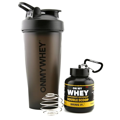 Protein Shaker Bottle With Supplement Keychain Container - BPA Free, Reusable Shaker Cup for Active Weight Lifters and Fitness Enthusiasts - Cute, Fun, and Convenient Design - OnMyWhey