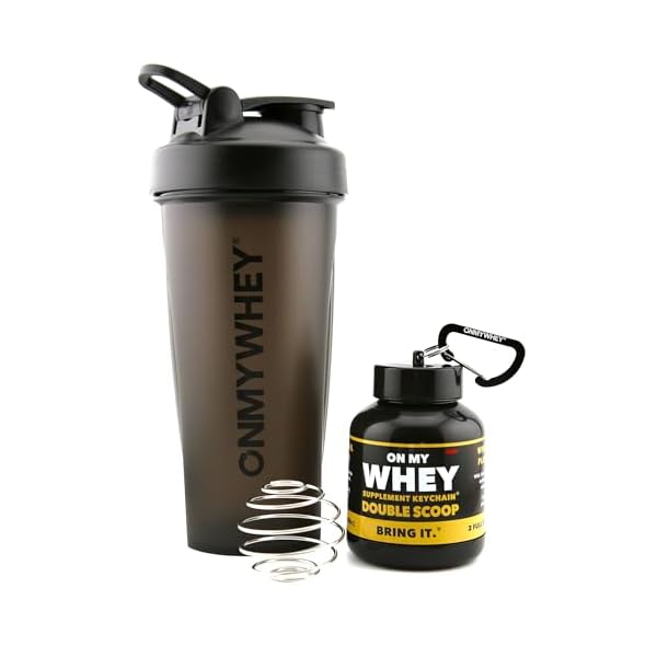 Protein Shaker Bottle With Supplement Keychain Container - BPA Free, Reusable Shaker Cup for Active Weight Lifters and Fitness Enthusiasts - Cute, Fun, and Convenient Design - OnMyWhey