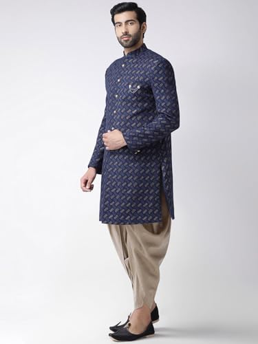 Men's Navy Blue Printed Sherwani & Beige Dhoti Set | Traditional Indian Wear for Weddings & Festive Ocassions2