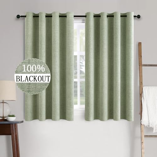 Image of MIULEE Linen Texture Curtains for Bedroom Solid 100% Blackout Thermal Insulated Sage Green Curtains Grommet Room Darkening Drapes for Living Room Nursery 52x54 Inch (2 Panels)