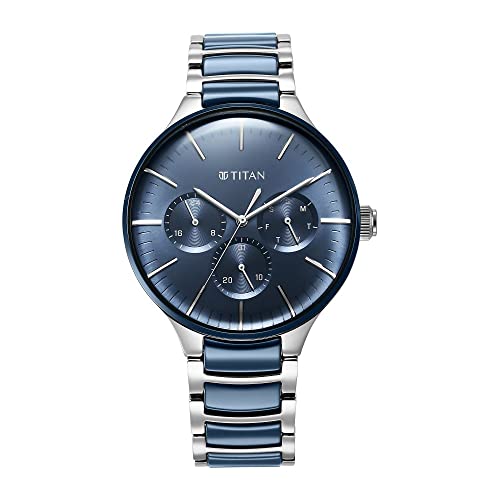 Image of Titan Ceramic Fusion Quartz Multifunction Midnight Blue Dial Two Toned Silver and Metallic Blue Stainless Steel Bracelet Watch for Men - NT90148KD02