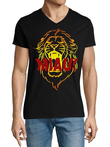 T-shirt col en V en coton noir motif lion pour homme MIAU!