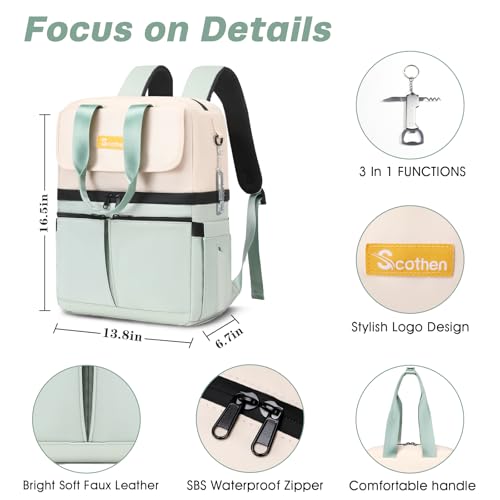 Image of Scothen Backpack Cooler with Double Decker & 12 Ice Packs- Keeps 36 Cans Cold for Up to 24 Hours- Waterproof & Leak Proof Insulated Cooler Backpack- Stylish Cooler Bookbag for Women Travel Work Beach