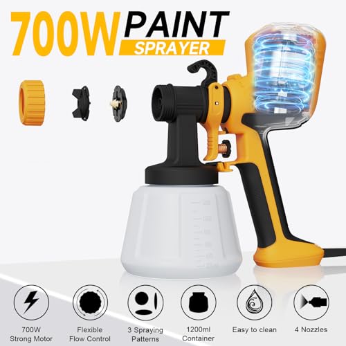 ELPIDIO Paint Sprayer, 700W HVLP Electric Spray Paint Gun, with Cleaning & Blowing Joints 4 Copper Nozzles and 3 Patterns Paint Sprayers for Home Furniture, Walls, Cabinets, Fence, Door etc. Yellow