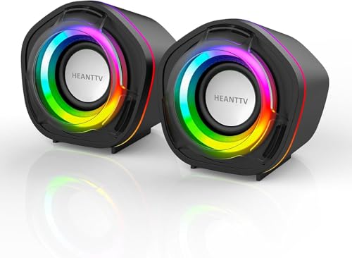HEANTTV Computer Speaker, PC Speakers for Desktop Monitors, 2.0 Stereo Volume Control with LED Light, USB Powered & 3.5 mm jack, Perfect Multimedia Speakers for Monitors (Multicolor)