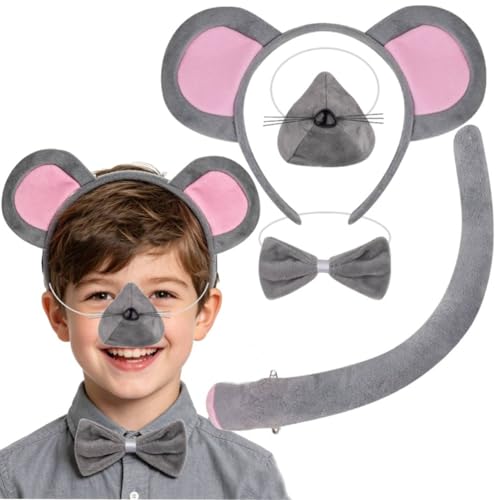 Kirei Sui Gray Mouse Ears Headband & Tail Bowtie 4-Piece Mice Costume Accessories for Adults Women & Kids