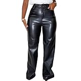 hibshaby Women Faux PU Leather High Waisted Straight Leg Long Pants Zipper Fly Pu Trousers Black L