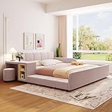 Merax Queen Size Upholstered Plush Velvet Pink Mother and Baby Bed with Large Cushioned Ground Bed, Bedside Table,and Round Stool，Pink