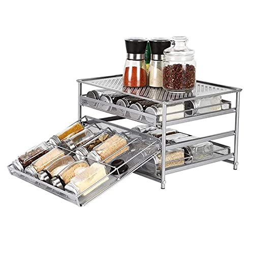 NEX Spice Rack Organizer for Cabinet, 3 Tier Kitchen Seasoning Food Jars Storage Drawer with Labels, Silver