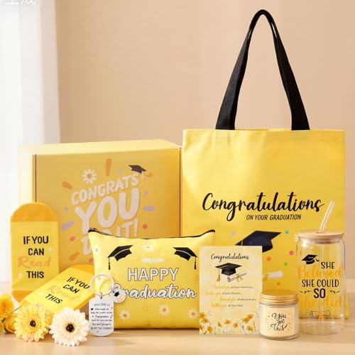 Potchen Graduation Gifts for Women Her 2026 Congratulations Gifts for Women Canvas Tote Bag Cosmetic Bag Tumbler Sock Candle(Daisy,Yellow)