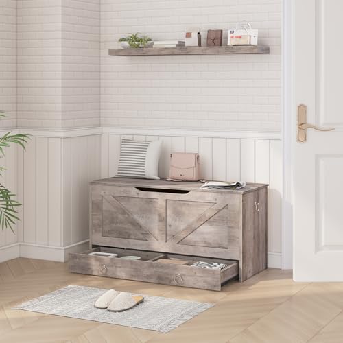 HOOBRO Storage Chest, 100 cm Toy Chest with Drawer, Wooden Storage Bench, Sturdy Entryway Bench Supports 100 kg, Shoe Bench, Safety Hinge, U-Shaped Opening, Easy Assembly, Greige BG710CW01G2 by HOOBRO - Image 3